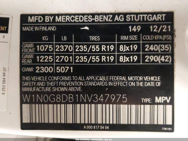 Aukcja sprzedaży 2022 Mercedes-benz Glc 300 Suv, vin: W1N0G8DB1NV347975, numer aukcji: 44209042