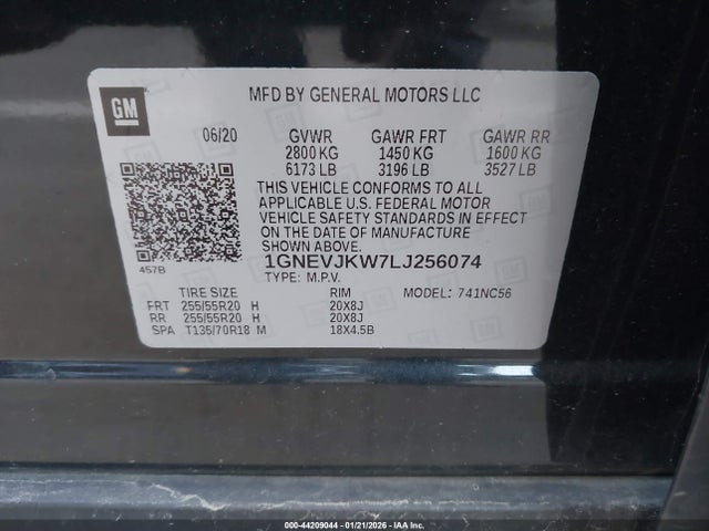 2020 Chevrolet Traverse Awd Rs მანქანა იყიდება აუქციონზე, vin: 1GNEVJKW7LJ256074, აუქციონის ნომერი: 44209044