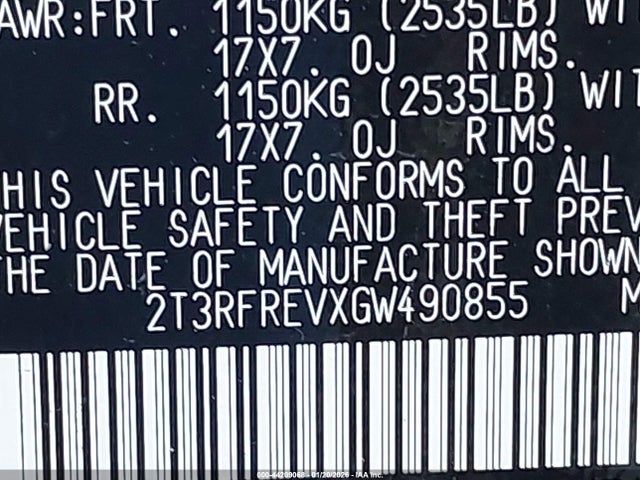 2T3RFREVXGW490855 Toyota Rav4 Xle