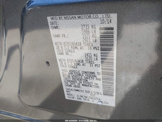 Aukcja sprzedaży 2015 Infiniti Qx60, vin: 5N1AL0MM2FC501595, numer aukcji: 44209206