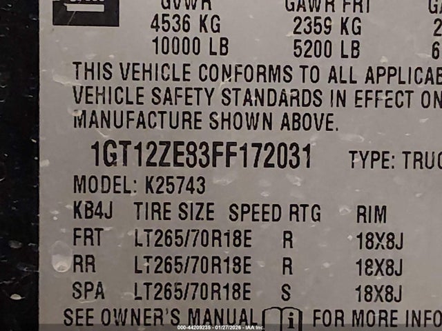44209235 :رقم المزاد ، 1GT12ZE83FF172031 vin ، 2015 Gmc Sierra 2500hd Slt مزاد بيع