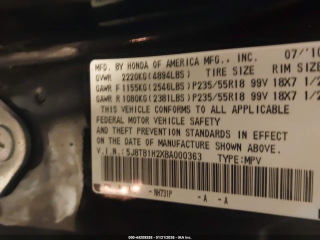 Aukcja sprzedaży 2011 Acura Rdx, vin: 5J8TB1H2XBA000363, numer aukcji: 44209258