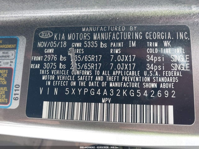 Продажа на аукционе авто 2019 Kia Sorento 2.4l Lx, vin: 5XYPG4A32KG542692, номер лота: 44209262