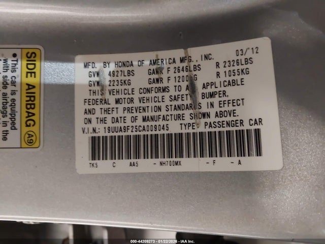 44209273 :رقم المزاد ، 19UUA9F25CA009045 vin ، 2012 Acura Tl 3.7 مزاد بيع