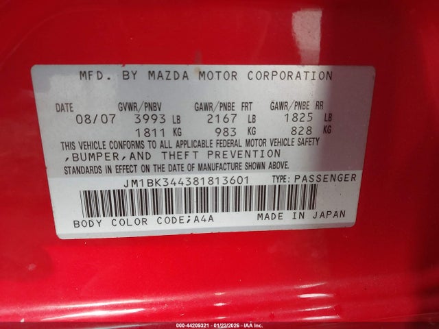 Продаж на аукціоні авто 2008 Mazda Mazda3 S Sport, vin: JM1BK344381813601, номер лоту: 44209321
