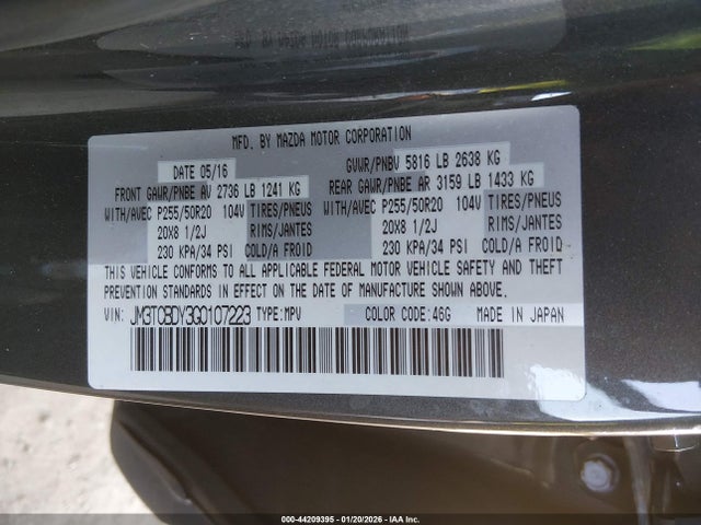 Aukcja sprzedaży 2016 Mazda Cx-9 Grand Touring, vin: JM3TCBDY3G0107223, numer aukcji: 44209395