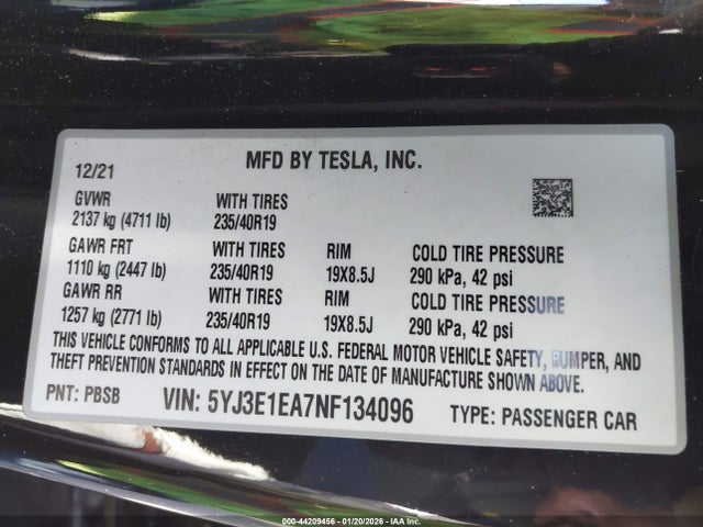 Tesla Model 3 Rear-wheel Drive 2022 5YJ3E1EA7NF134096 Image 9