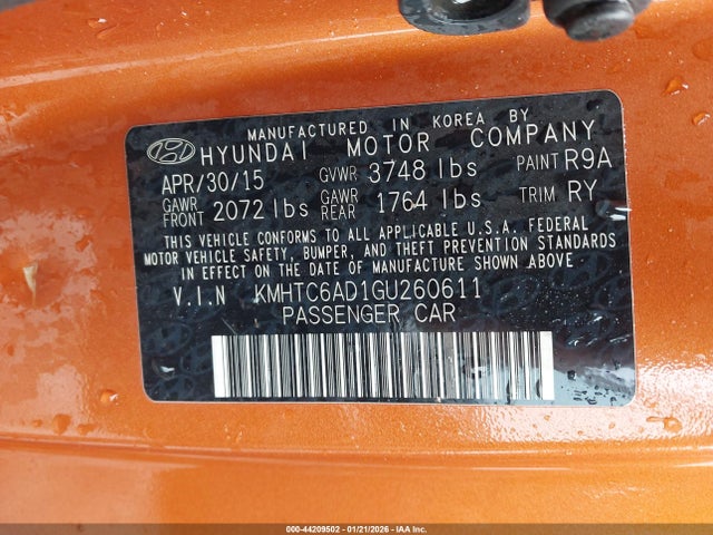 2016 HYUNDAI VELOSTER KMHTC6AD1GU260611 Photo 8