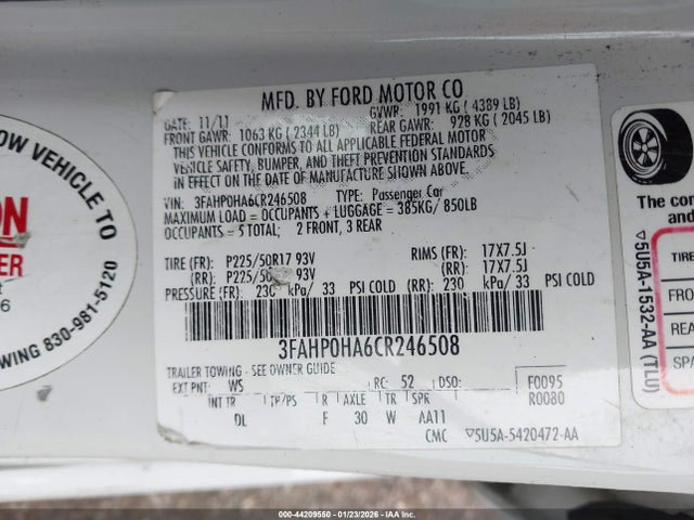 2012 Ford Fusion Se მანქანა იყიდება აუქციონზე, vin: 3FAHP0HA6CR246508, აუქციონის ნომერი: 44209550