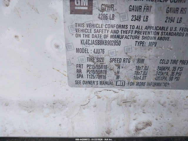 2019 Buick Encore Fwd Preferred მანქანა იყიდება აუქციონზე, vin: KL4CJASB8KB902850, აუქციონის ნომერი: 44209572