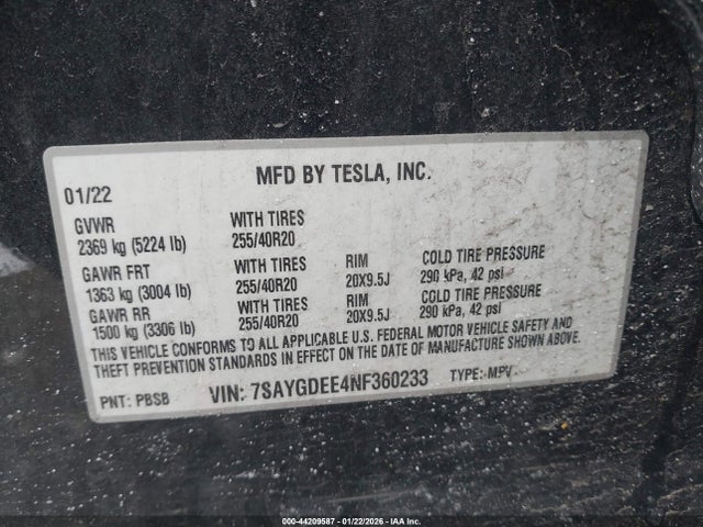 Aukcja sprzedaży 2022 Tesla Model Y Long Range Dual Motor All-wheel Drive, vin: 7SAYGDEE4NF360233, numer aukcji: 44209587