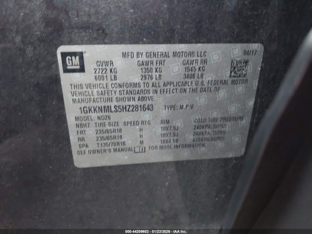 44209602 :رقم المزاد ، 1GKKNMLS5HZ281643 vin ، 2017 Gmc Acadia Slt-1 مزاد بيع