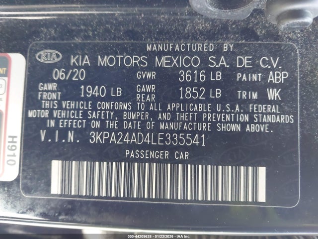 Продажа на аукционе авто 2020 Kia Rio Lx, vin: 3KPA24AD4LE335541, номер лота: 44209628