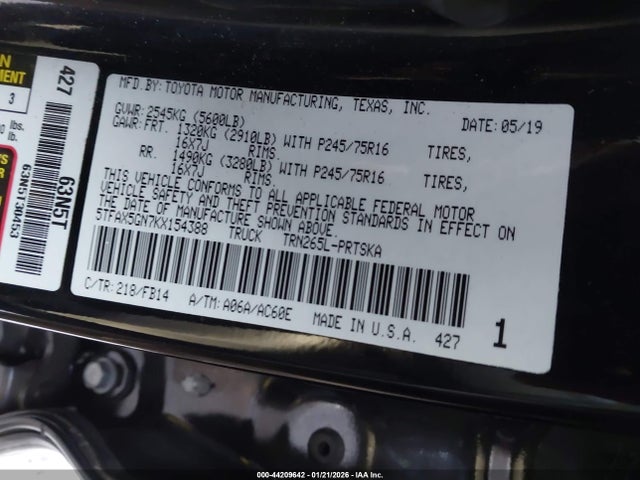 Продажа на аукционе авто 2019 Toyota Tacoma Sr, vin: 5TFAX5GN7KX154388, номер лота: 44209642
