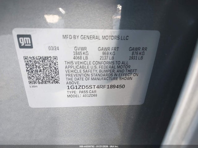 Продажа на аукционе авто 2024 Chevrolet Malibu Lt, vin: 1G1ZD5ST4RF189450, номер лота: 44209792