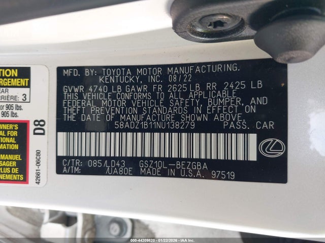 44209820 :رقم المزاد ، 58ADZ1B11NU138279 vin ، 2022 Lexus Es 350 مزاد بيع