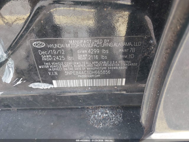 44209852 :رقم المزاد ، 5NPEB4AC5DH665856 vin ، 2013 Hyundai Sonata Gls مزاد بيع