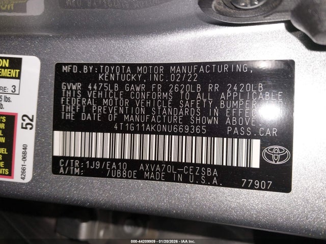 4T1G11AK0NU669365 Toyota CAMRY SE