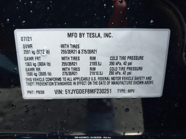 2021 Tesla Model Y Performance Dual Motor All-wheel Drive მანქანა იყიდება აუქციონზე, vin: 5YJYGDEF8MF230251, აუქციონის ნომერი: 44209972
