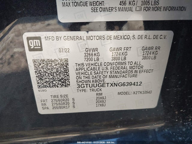 2022 Gmc Sierra 1500 4wd  Short Box Denali მანქანა იყიდება აუქციონზე, vin: 3GTUUGETXNG639412, აუქციონის ნომერი: 44210103