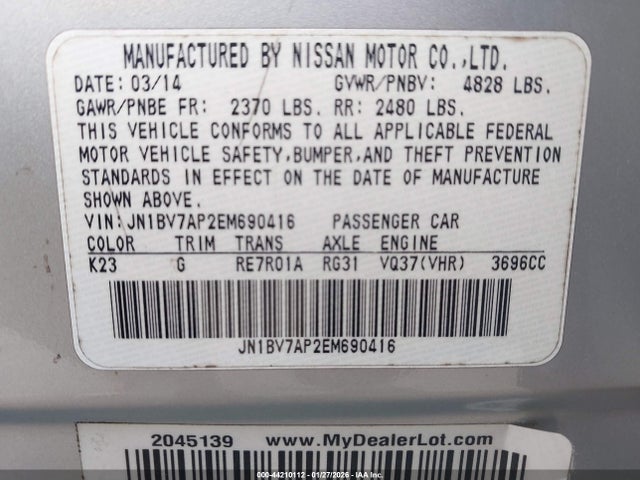 Продажа на аукционе авто 2014 Infiniti Q50 Premium, vin: JN1BV7AP2EM690416, номер лота: 44210112