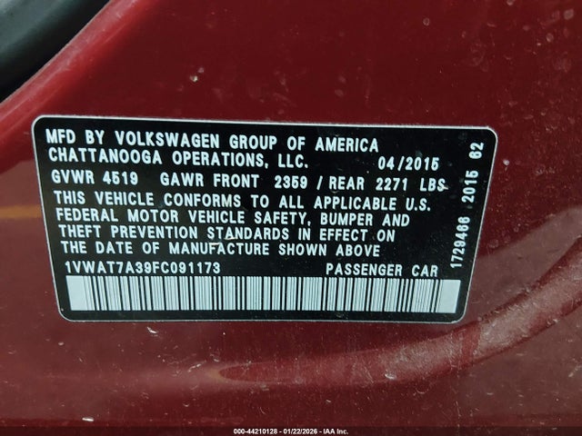 1VWAT7A39FC091173 Volkswagen Passat 1.8t Wolfsburg Edition