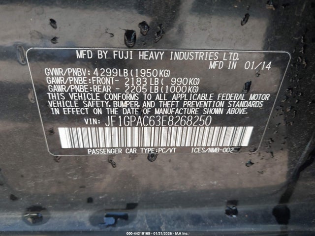 2014 Subaru Impreza 2.0i Premium მანქანა იყიდება აუქციონზე, vin: JF1GPAC63E8268250, აუქციონის ნომერი: 44210169