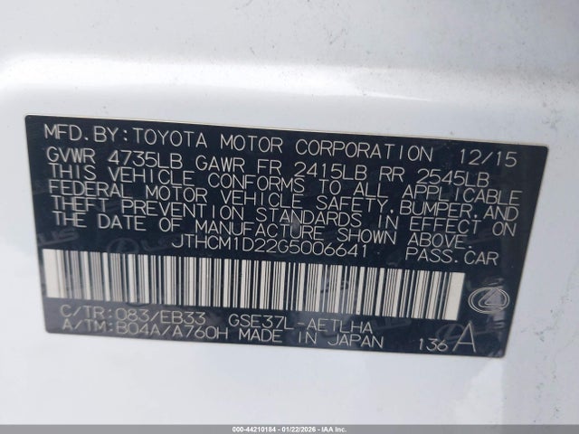 Aukcja sprzedaży 2016 Lexus Is 300, vin: JTHCM1D22G5006641, numer aukcji: 44210184