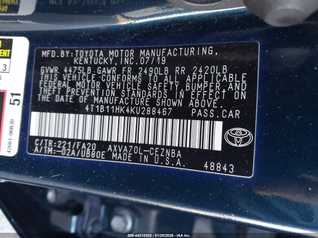 4T1B11HK4KU288467 Toyota CAMRY LE