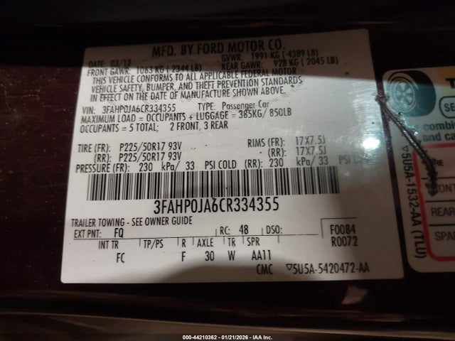 2012 FORD FUSION 3FAHP0JA6CR334355 Photo 8