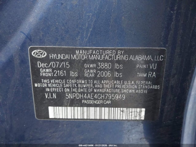 2016 Hyundai Elantra Se მანქანა იყიდება აუქციონზე, vin: 5NPDH4AE4GH795949, აუქციონის ნომერი: 44210496