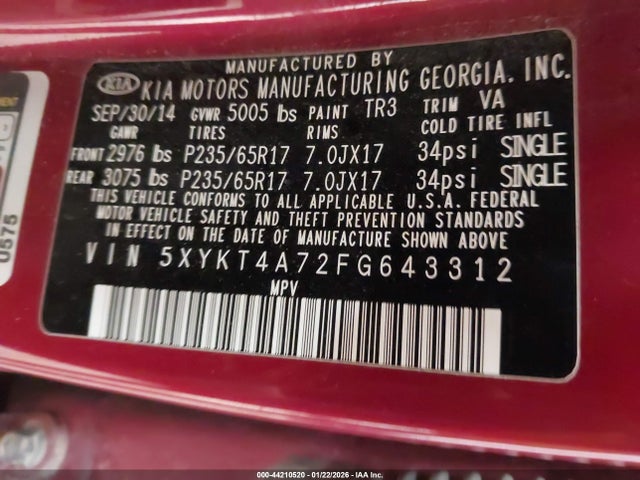 5XYKT4A72FG643312 KIA Sorento Lx V6