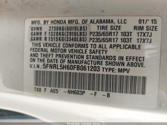Aukcja sprzedaży 2015 Honda Odyssey Ex-l, vin: 5FNRL5H60FB061203, numer aukcji: 44210559