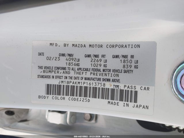 Aukcja sprzedaży 2023 Mazda Mazda3 2.5 S Select, vin: JM1BPAKM1P1613758, numer aukcji: 44210583
