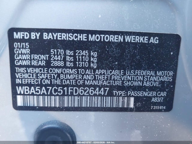 44210757 :رقم المزاد ، WBA5A7C51FD626447 vin ، 2015 Bmw 528i Xdrive مزاد بيع