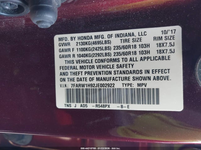 7FARW1H92JE002922 Honda Cr-v Touring