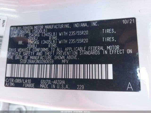 2022 TOYOTA HIGHLANDER 5TDFZRAH3NS090659 Photo 8