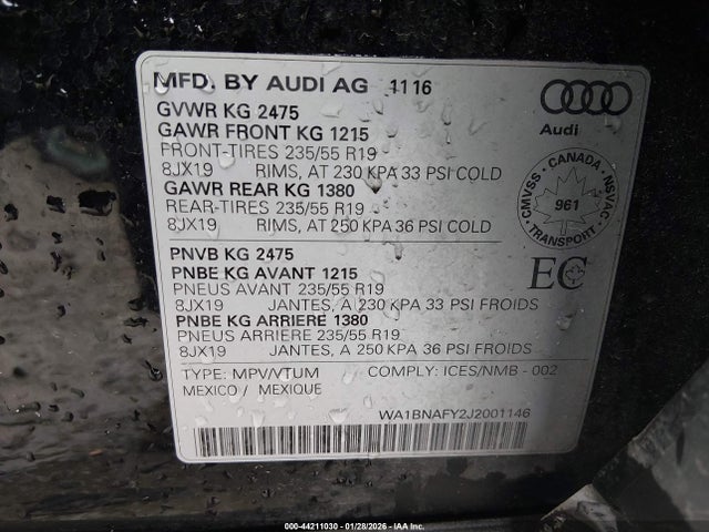 Продаж на аукціоні авто 2018 Audi Q5 2.0t Premium/2.0t Tech Premium, vin: WA1BNAFY2J2001146, номер лоту: 44211030
