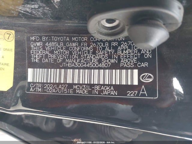 44211100 :رقم المزاد ، JTHBA30G445004807 vin ، 2004 Lexus Es 330 مزاد بيع