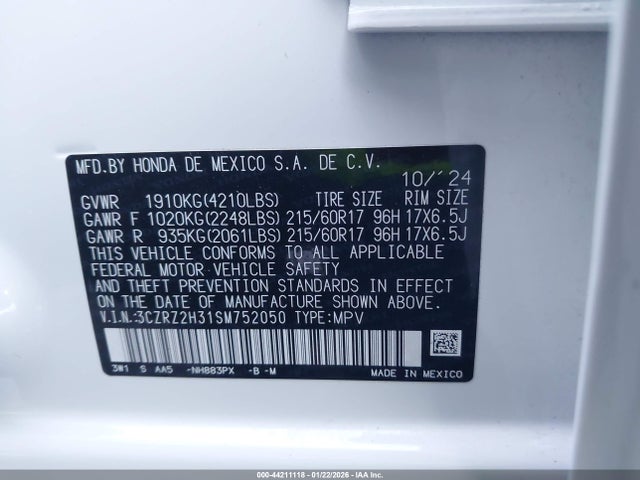 3CZRZ2H31SM752050 Honda Hr-v Awd Lx
