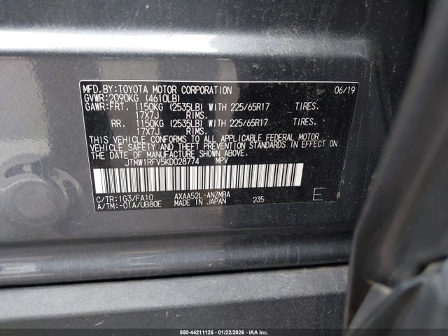 44211126 :رقم المزاد ، JTMW1RFV5KD028774 vin ، 2019 Toyota Rav4 Xle مزاد بيع