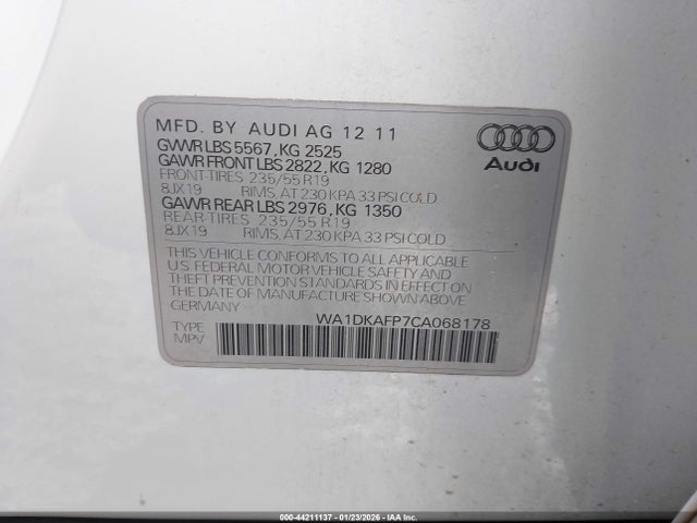 2012 Audi Q5 3.2 Premium Plus მანქანა იყიდება აუქციონზე, vin: WA1DKAFP7CA068178, აუქციონის ნომერი: 44211137