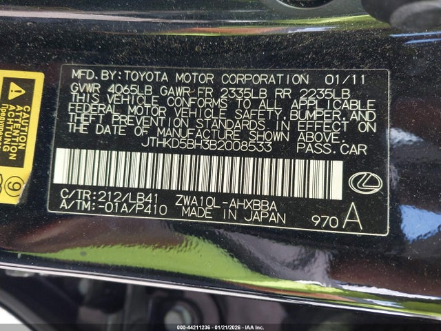 Aukcja sprzedaży 2011 Lexus Ct 200h Premium, vin: JTHKD5BH3B2008533, numer aukcji: 44211236