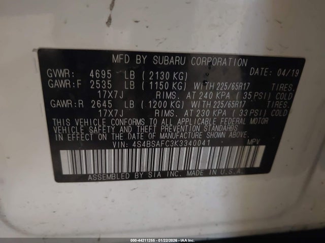 Aukcja sprzedaży 2019 Subaru Outback 2.5i Premium, vin: 4S4BSAFC3K3340041, numer aukcji: 44211255