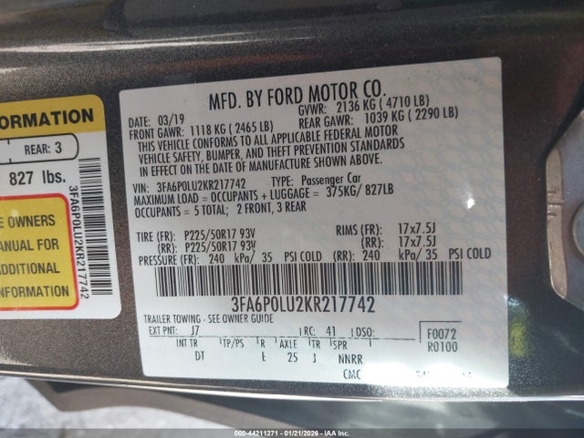 2019 FORD FUSION HYBRID 3FA6P0LU2KR217742 Photo 8