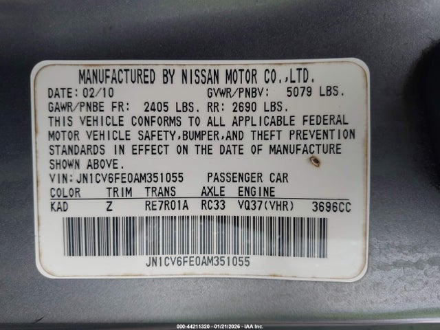 2010 Infiniti G37 Anniversary Edition მანქანა იყიდება აუქციონზე, vin: JN1CV6FE0AM351055, აუქციონის ნომერი: 44211320