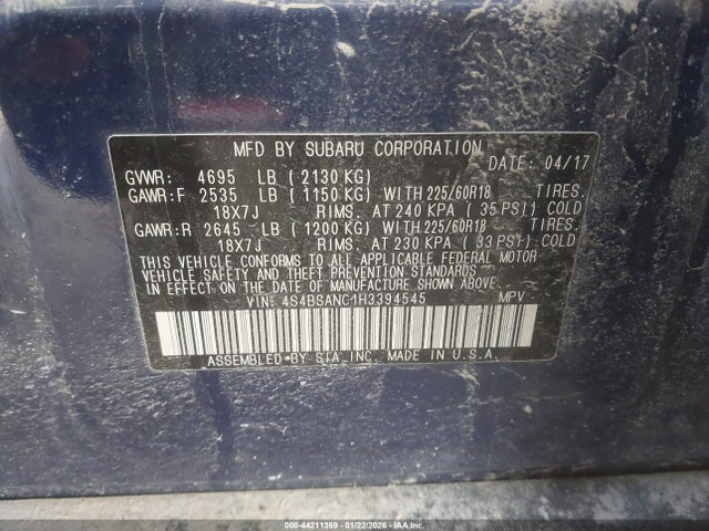 Aukcja sprzedaży 2017 Subaru Outback 2.5i Limited, vin: 4S4BSANC1H3394545, numer aukcji: 44211369