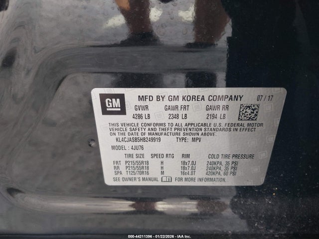 2017 Buick Encore Preferred მანქანა იყიდება აუქციონზე, vin: KL4CJASB5HB249919, აუქციონის ნომერი: 44211396