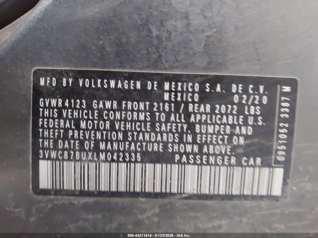 44211414 :رقم المزاد ، 3VWCB7BUXLM042335 vin ، 2020 Volkswagen Jetta 1.4t R-line/1.4t S/1.4t Se مزاد بيع