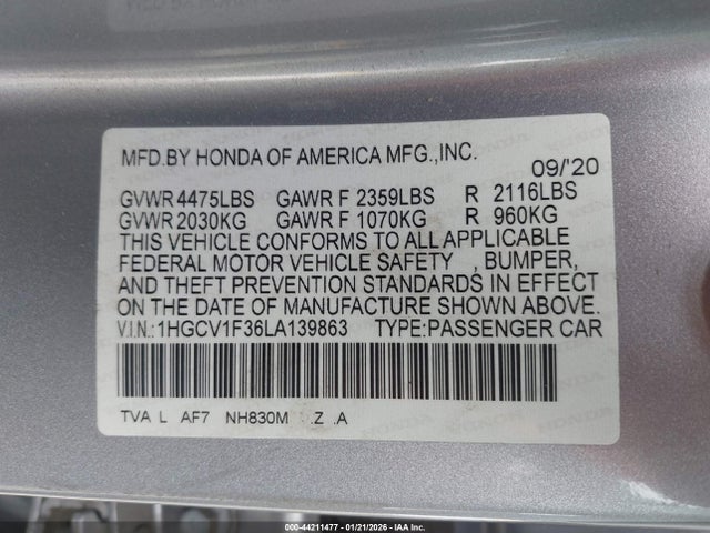 1HGCV1F36LA139863 Honda Accord Sport